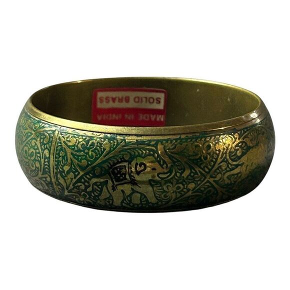 Vintage Brass Bangle Bracelet Etched Elephant  Tiger Green Enamel Made In India‎ - Picture 6 of 14